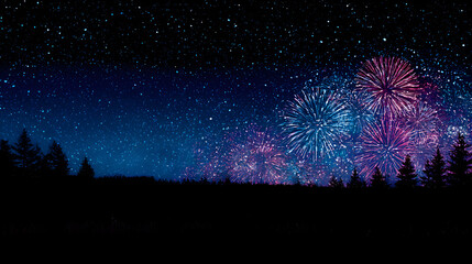 New years fireworks in dark blue night sky