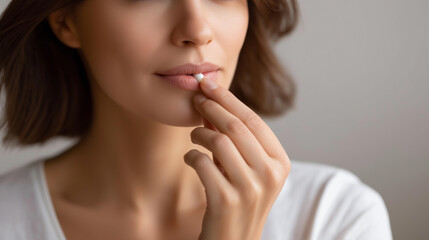 Faceless woman using nicotine gum to quit smoking, tobacco cessation aid, oral replacement therapy, addiction recovery support, smoking habit termination tool, defocused person che