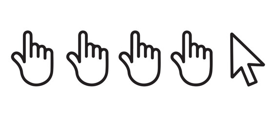 Hand and arrow cursor icon set. Vector collection of linear mouse pointers and finger gestures.