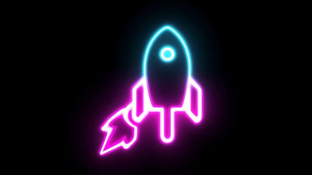 Neon rocket launch icon in blue and pink glow, isolated on white