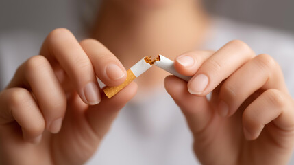 Breaking down cigarette into pieces, quitting from addiction concept, tobacco cessation visualization, nicotine dependency recovery, smoking habit termination, health improvement a