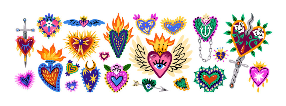 Traditional Mexican spiritual symbols set. Sacred hearts ornamented with flowers, doodles, burning fire and knives. Memorial signs of Mexico. Flat isolated vector illustrations on white background
