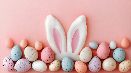 Easter pastel pink banner background, white fluffy bunny rabbit ears, speckled decorative eggs border, cute holiday greeting card template, copy space.