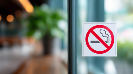 No smoking sticker on door surface, tobacco prohibition signage, smoke-free zone indication, public health notice, nicotine consumption restriction, building smoking policy, with c