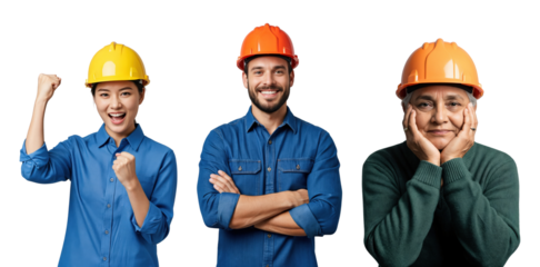 Diverse team of construction workers: a happy young Asian woman, a smiling young Caucasian man, and a thoughtful senior Caucasian woman, all wearing protective hard hats on a transparent background