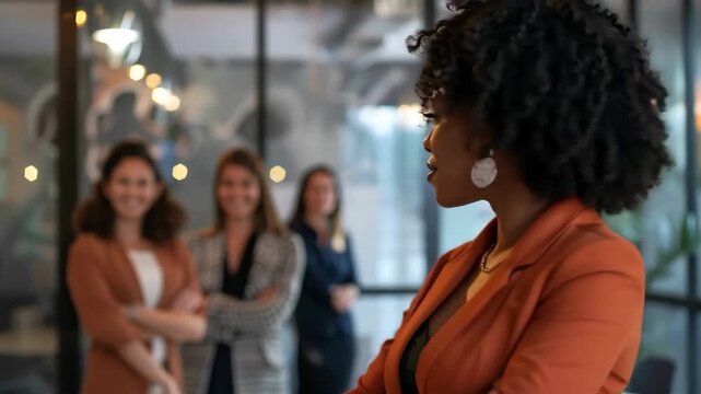 Focused Leadership in a Dynamic Team: A striking leader, with confidence, stands at the forefront of her team, leading in an open office setting.