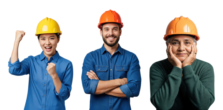 Diverse team of construction workers: a happy young Asian woman, a smiling young Caucasian man, and a thoughtful senior Caucasian woman, all wearing protective hard hats on a transparent background - Powered by Adobe