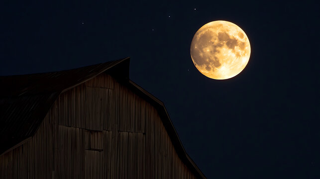 A rustic wooden barn stands silhouetted against a vibrant full moon under a dark night sky, with a few scattered stars enhancing the celestial ambiance. Serene, rustic, and majestic. - Powered by Adobe
