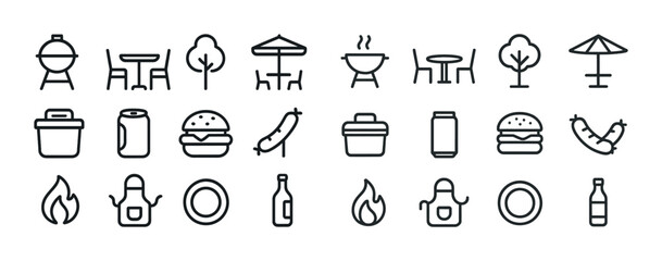 Fototapeta premium Minimalist bbq icons collection: grills, food, outdoor furniture, and accessories