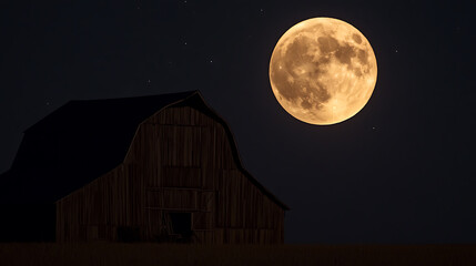 Mystical moonlight shines over an old barn, casting long shadows and creating an enchanting scene on a peaceful, star-filled night in the countryside landscape.