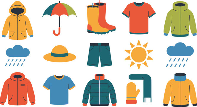 Colorful Weather Icons Depicting Sunny and Rainy Seasons with Clothing Coats, Boots, and Umbrella