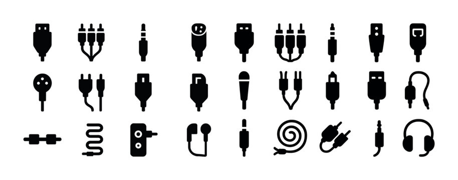 Variety of audio and video cable icon set with headphones and connectors