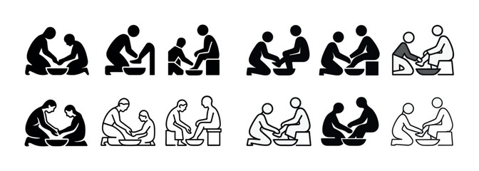 Obraz premium Washing feet symbolizing humility and service: diverse figures engaged in foot washing ritual