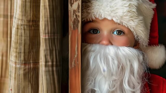 Santa's Little Helper: A young child dressed as Santa Claus peeks out mischievously from behind a curtain, embodying the spirit of Christmas. A moment of anticipation and holiday cheer.