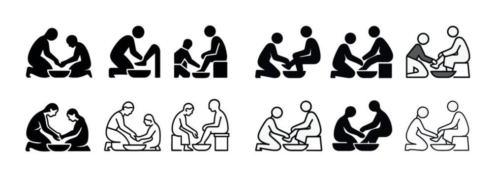 Washing feet symbolizing humility and service: diverse figures engaged in foot washing ritual
