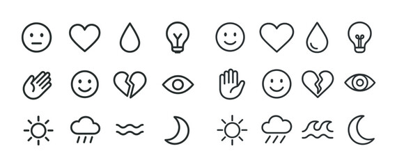 Naklejka premium Set of minimalist line icons with emotions, weather, and nature symbols