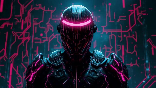 Armored futuristic figure with glowing pink visor standing against dark background covered in intricate neon circuit patterns