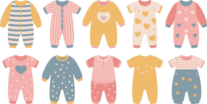 Cute Cartoon Baby Clothes Bodysuits and Sleepsuits with Stripes, Hearts and Polka Dots Pattern