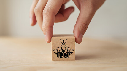 Business success and leadership concept. Teamwork running to goal and achieving successful business. Common goals, growth performance, market leader icon on wooden cube blocks with grey background.