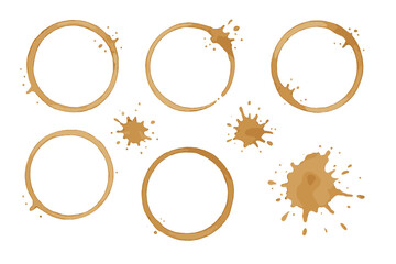 Collection of brown coffee cup rings and liquid splashes isolated on white background