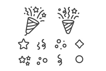Outline icons set of party poppers exploding with stars and confetti