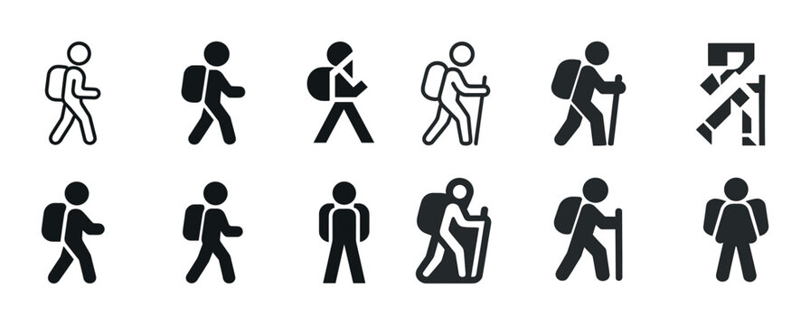 Hiking icon set: walking, trekking, backpacking pictograms