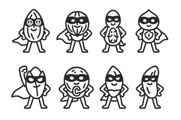 Outline style collection of superhero nut and seed characters