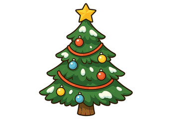 Stylized Christmas tree decorated with colorful ornaments and star topper
