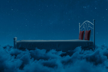 3d rendering of cozy metal bed flying over fluffy clouds at night