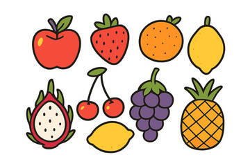 Assortment of cute cartoon fruits: strawberry, orange, and pineapple