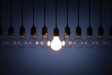 A single bright light bulb illuminates in a row of unlit bulbs creating a concept of uniqueness and innovation