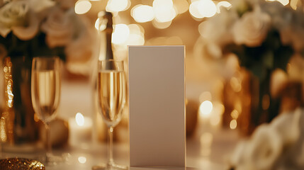 Elegant celebration scene with champagne flutes, soft candle lights, and floral arrangements, creating a warm and inviting ambiance perfect for memorable events and special occasions.