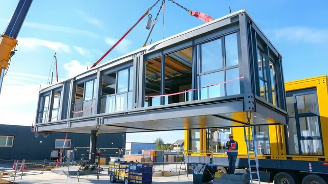 Modular construction: the installation of a modern prefab building, showcasing the efficiency of contemporary architecture, where sustainability meets innovative design.