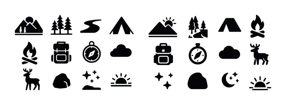Camping adventure icons: nature, hiking, wildlife, and outdoor exploration symbols