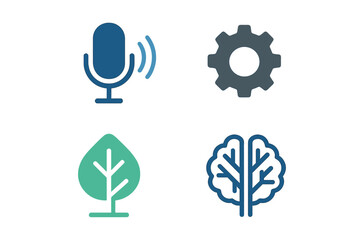Four abstract concept icons: microphone, gear, leaf, and brain symbols