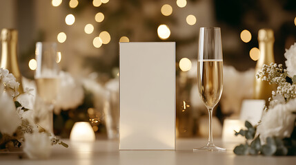 Elegant festive table setup featuring champagne, flowers, and soft lighting, creating a celebratory and inviting atmosphere for a special occasion or gathering.