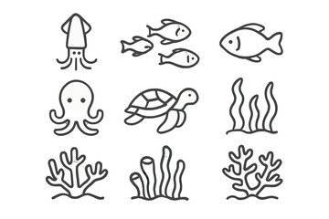 Collection of simple outline icons depicting various sea creatures and underwater flora