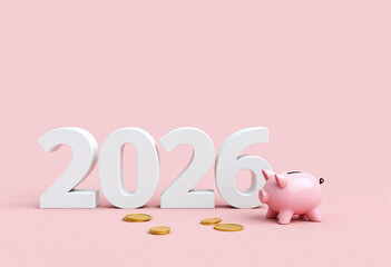 With white numbers 2026 beside a piggy bank and scattered coins on pink background. Symbolizing savings, finance planning and economic growth concept of banking, investment, business.