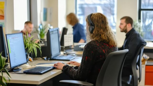 Office Harmony: A collaborative and innovative workspace, where individuals immerse themselves in their work, united by a shared vision of success, with natural light pouring in through the windows.