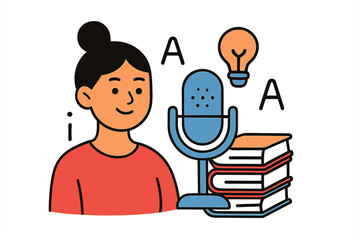 Smiling woman recording audio content with microphone near books and glowing idea lightbulb