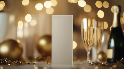 Celebrate special moments with elegance: champagne bottle, glasses, and golden accents under soft lights. A frame invites personal messages or greetings.