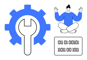 Mindfulness, tech balance, problem-solving, software development, binary coding, digital innovation. Woman meditating with a gear and binary code. Tech balance and problem-solving concept