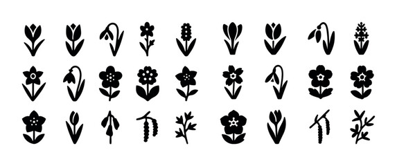 Collection of floral silhouettes: diverse flower icon set for design