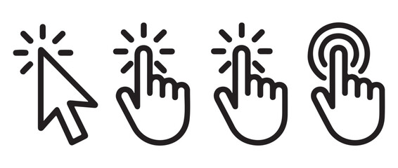 Mouse cursor click and tap icon set. Vector collection of linear arrow and hand pointers with burst and ripple effects.
