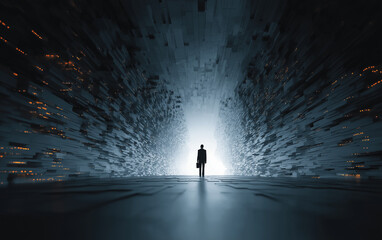 a digital businessman stands in the center of an abstract tunnel, surrounded by floating charts and graphs symbolizing business data and technology. the man is dressed casually in a black suit jacket