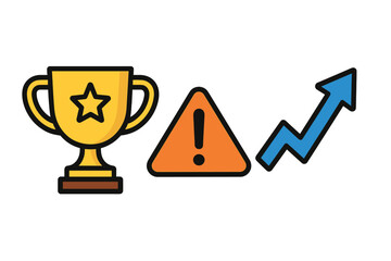 Trophy warning sign and upward trend arrow icons set for business success