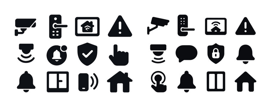 Home security icons: cameras, alarms, locks, alerts for safety systems