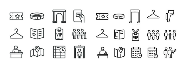 Event icons: ticket, vip, calendar, map, hanger, security, entrance, group