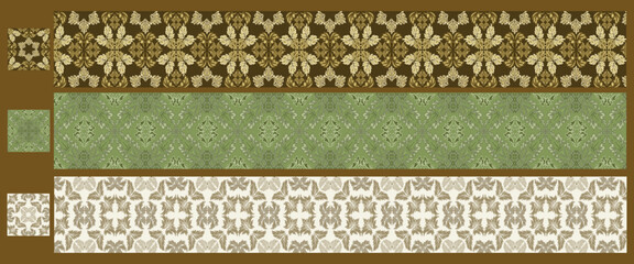 Luxury Damask Seamless Patterns in Gold, Green, and Beige. Ornate Floral Decorative Backgrounds.