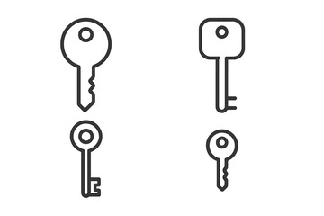 Four simple outline icons depicting various types of keys for access and security